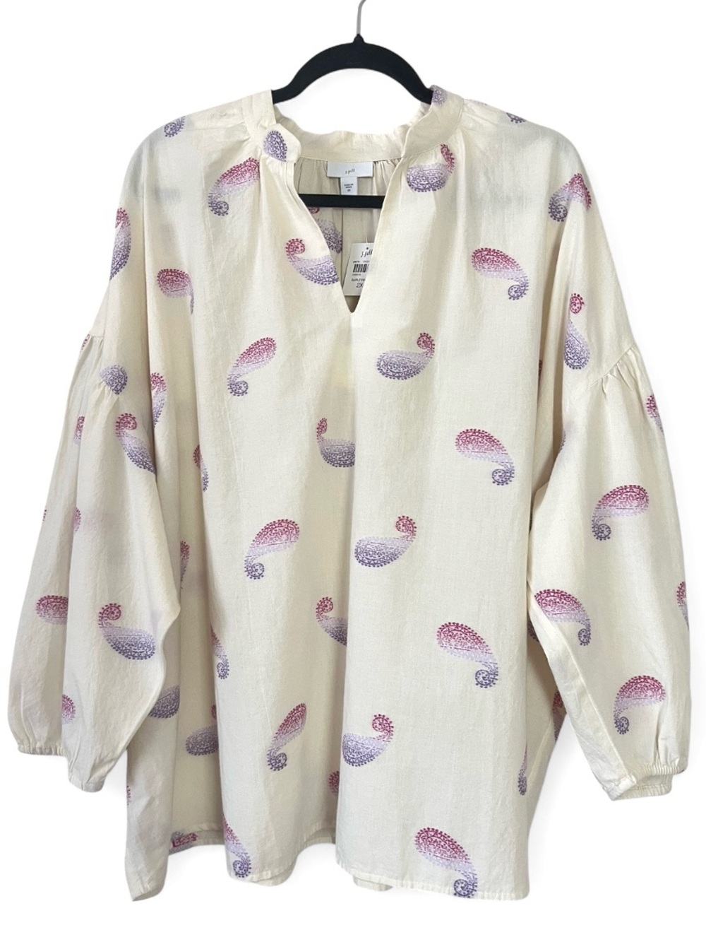 J. Jill Oversized Split Neck Paisley Peasant Top 2X Cotton Boho Balloon Sleeve